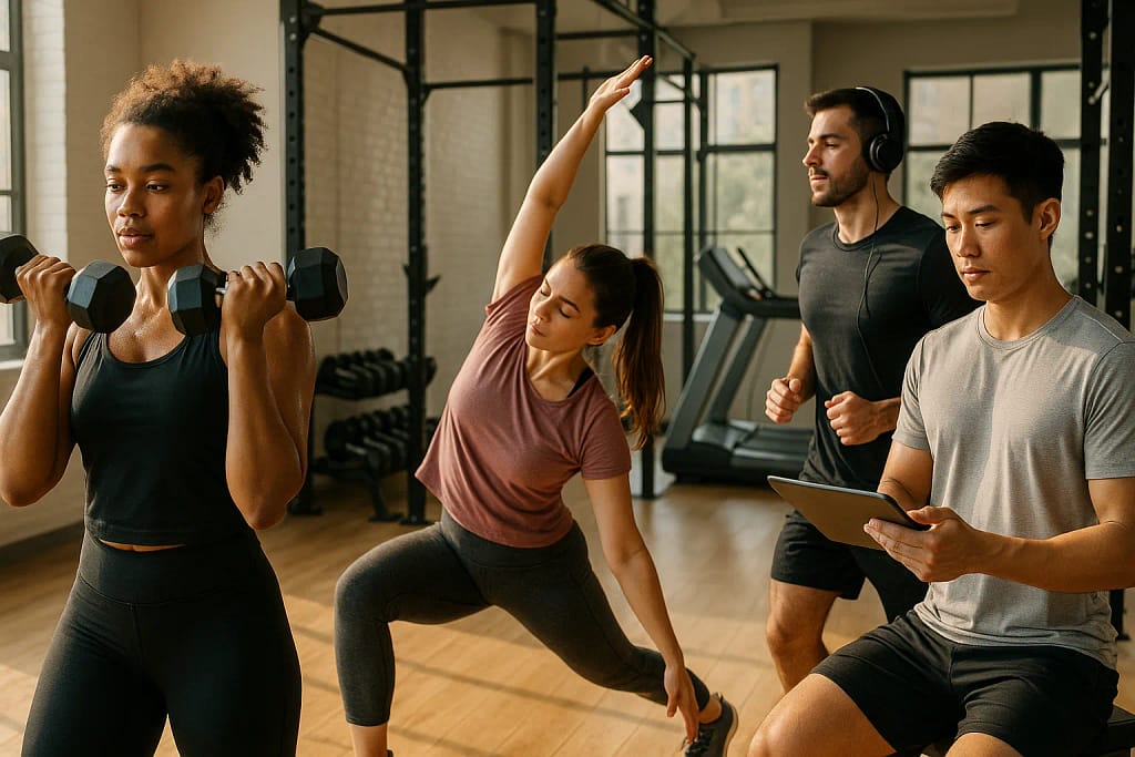 Grupo jovem praticando diferentes tipos de treino ao ar livre com treinador mostrando plano.
