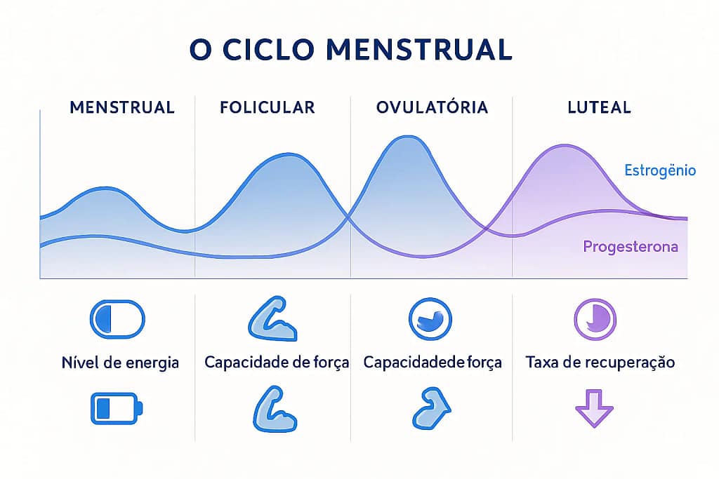 Infográfico mostrando as quatro fases do ciclo menstrual com gráficos de níveis hormonais e seus efeitos no desempenho físico