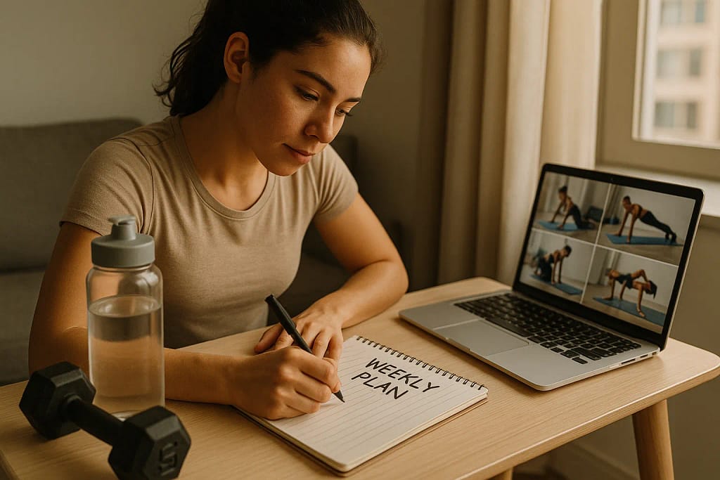 Pessoa jovem criando um plano de treino semanal em um caderno, com haltere próximo.