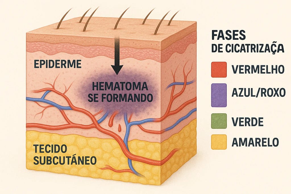Diagrama das camadas da pele e vasos sanguíneos com hematoma em formação