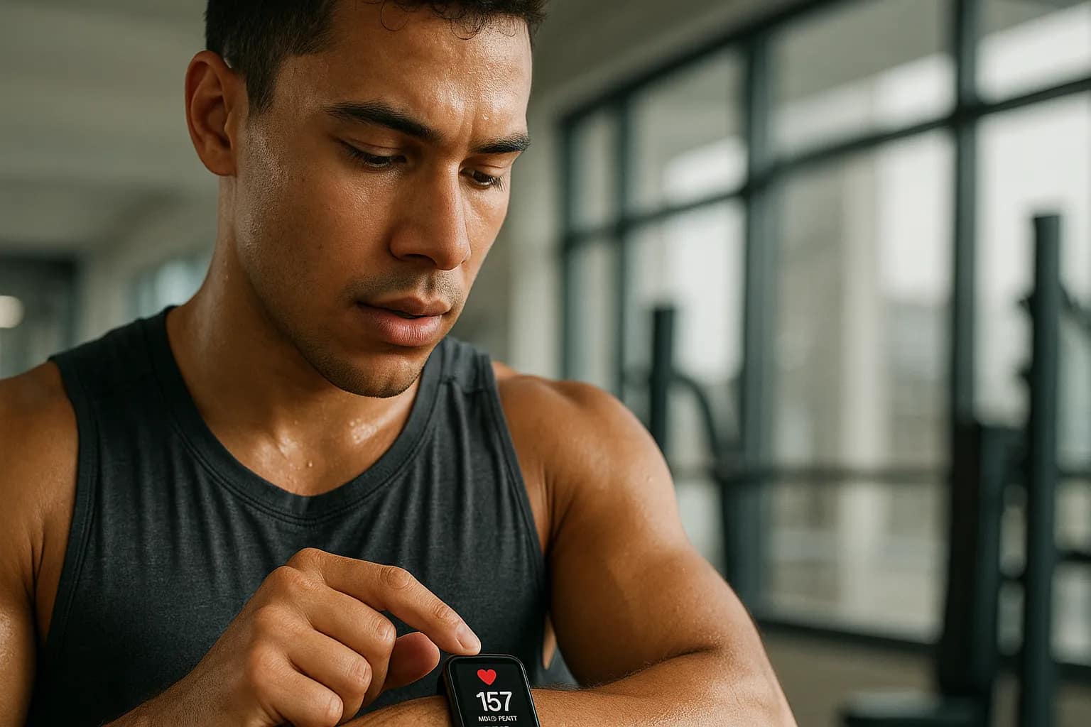 Pessoa jovem olhando para relógio com métricas de recuperação após exercício. Treinar todos os dias.
