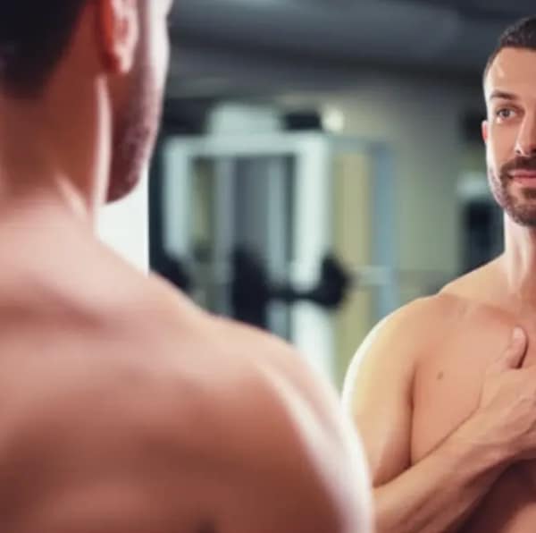 Homem de 30 anos olhando com confiança para seu reflexo no espelho de uma academia, simbolizando a melhora da autoestima através da atividade física.
