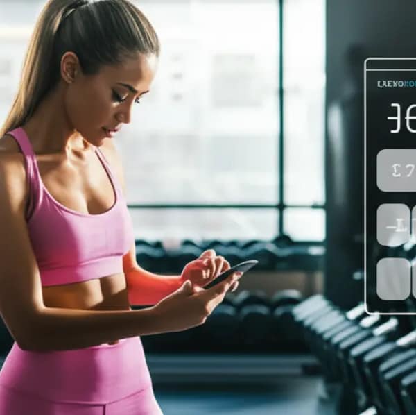 Mulher atlética em academia consultando aplicativo de monitoramento do ciclo menstrual para adaptar seu treino