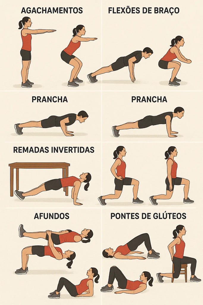 Ilustração de 7 exercícios de calistenia adaptados para iniciantes.