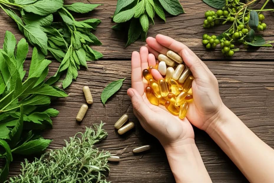 Mãos com suplementos vitamínicos naturais e plantas medicinais em fundo de madeira