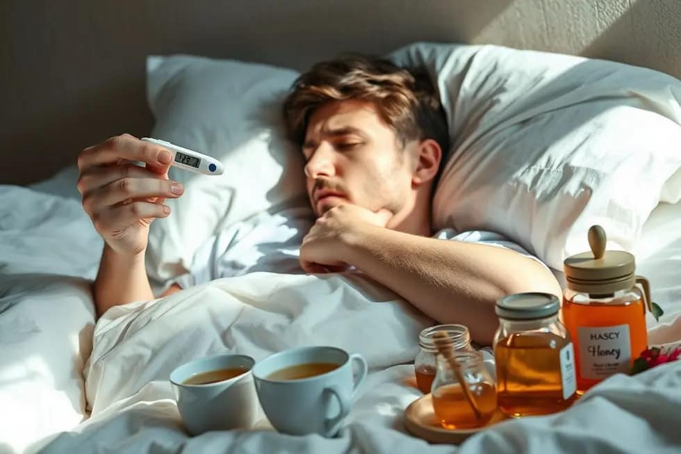 Pessoa acamada apresentando sintomas iniciais de pneumonia com remédios naturais à mesa